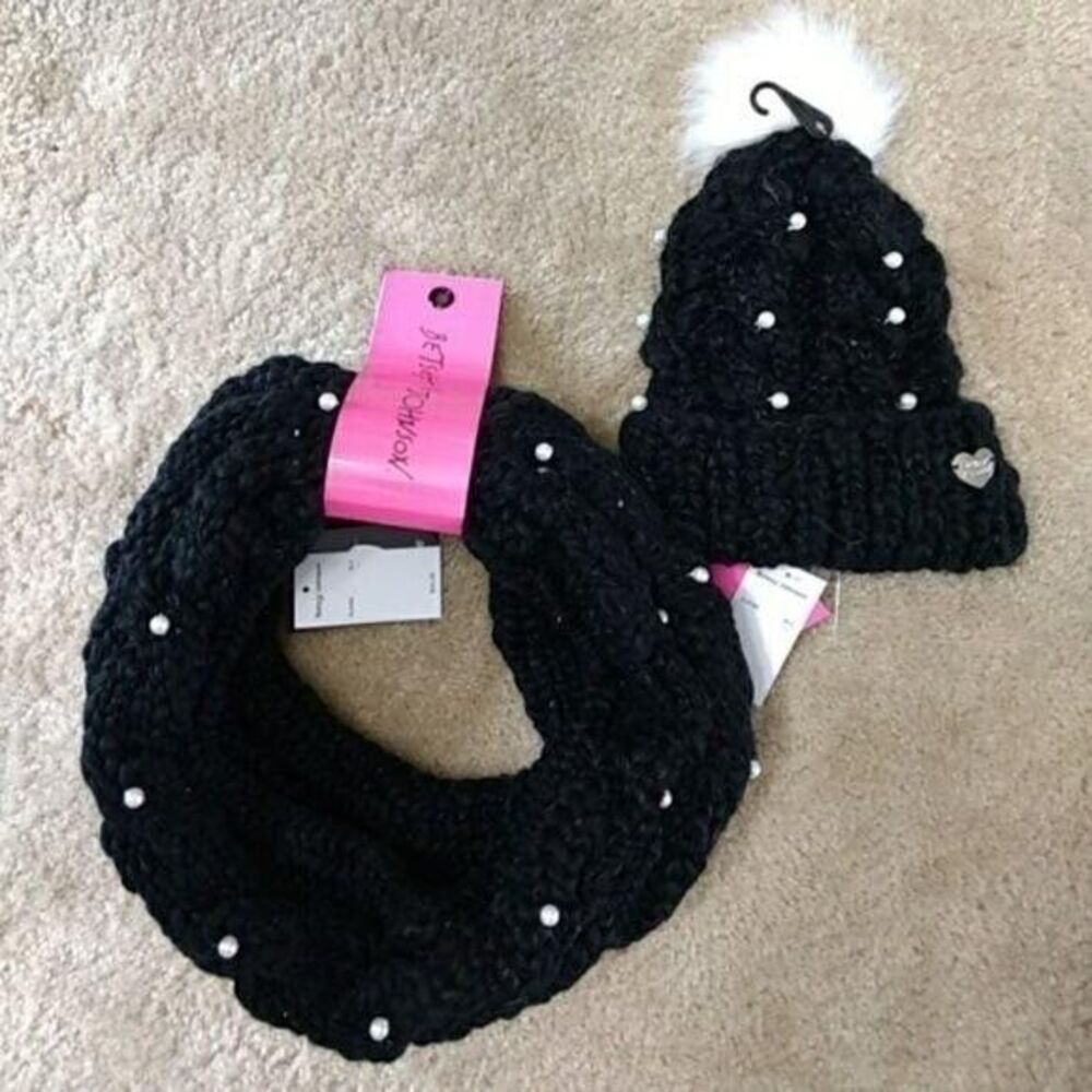 Betsey Johnson black winter beanie and cowl scarf
